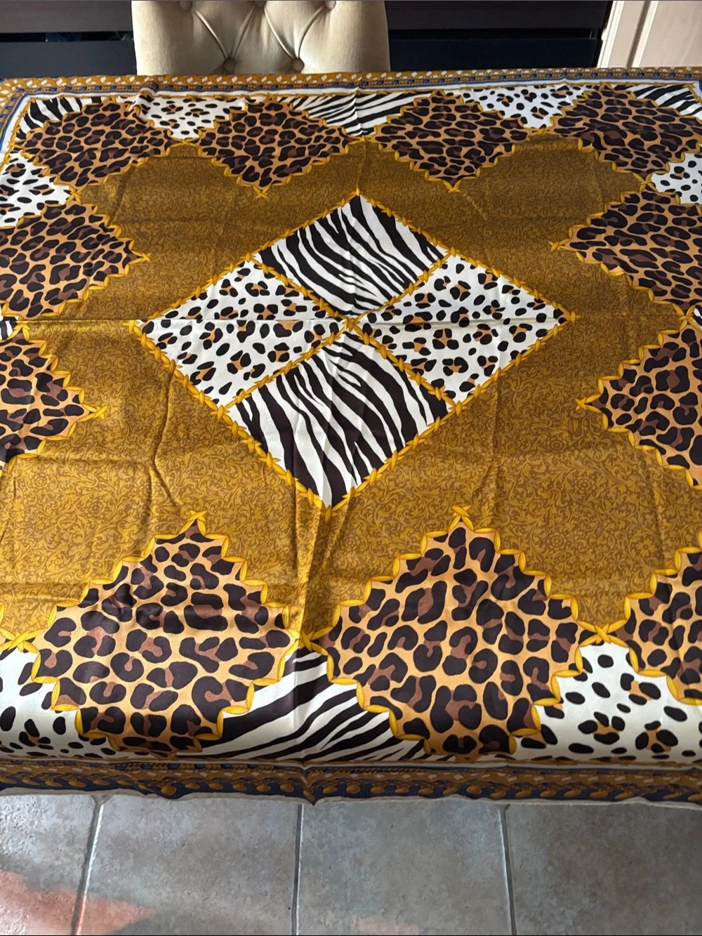 Christian Dior Italy Silk Gold Blue Animal Print Shawl Wrap Scarf-53x53-VINTAGE